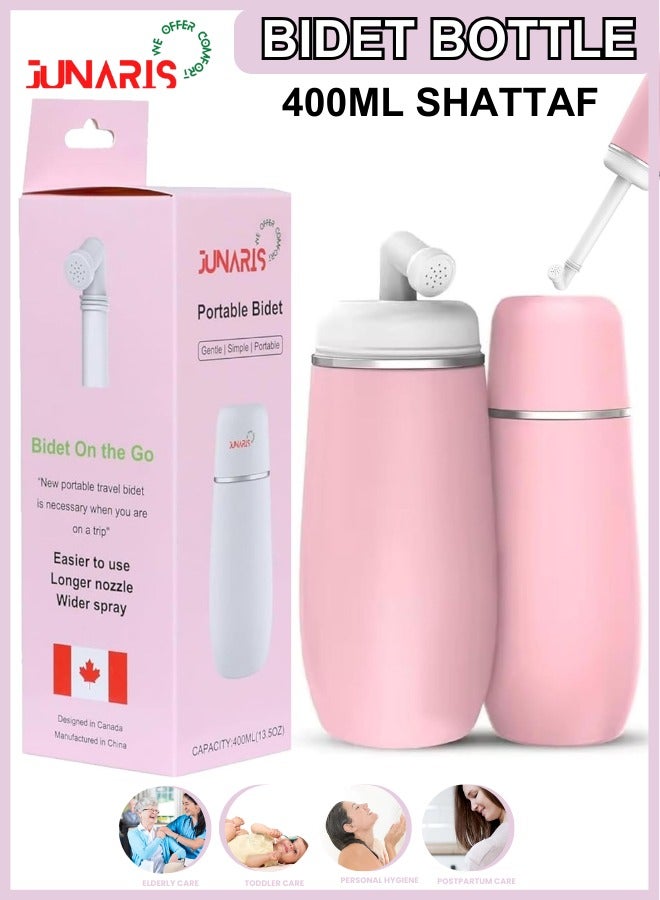 JUNARIS زجاجة bidet محمولة كبيرة بخاخ يدوي للسفر مرحاض شطاف مقعد مقاوم للتسرب، شطاف مناسب للسفر للاستخدام الصحي في الحمامات والمرحاض (وردي) - Image 1